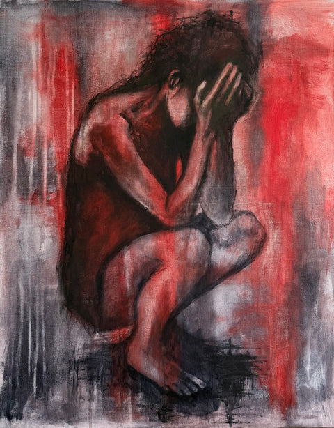 Artistic depiction of a figure with red and black abstract background