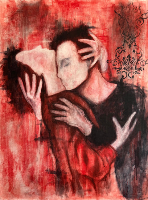 Artistic depiction of a person embracing another with a red and black abstract background