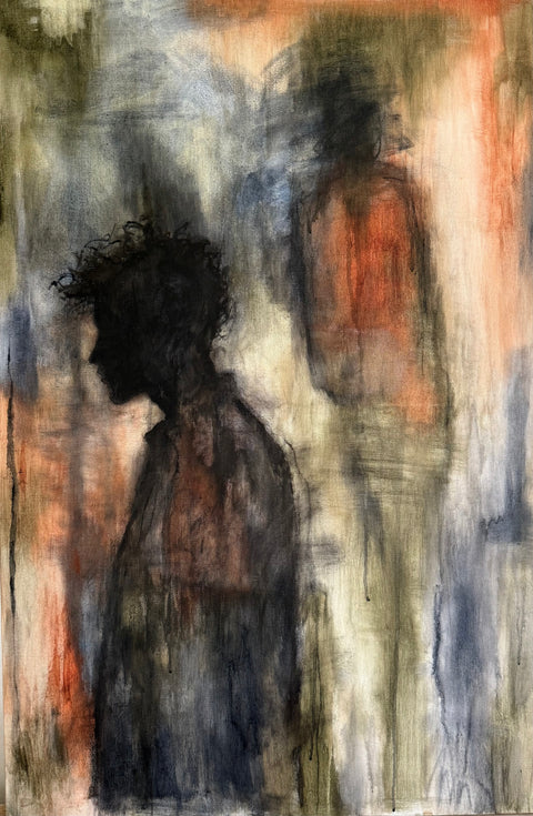 Abstract painting with a silhouette of a person against a textured background