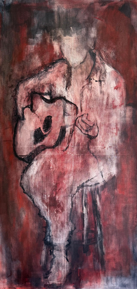 Abstract artwork with a figure in red and black tones