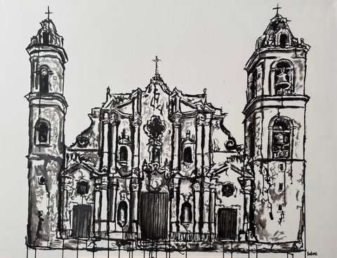 A black and white drawing of the Cathedral of Havana with symmetrical towers and an ornate facade.