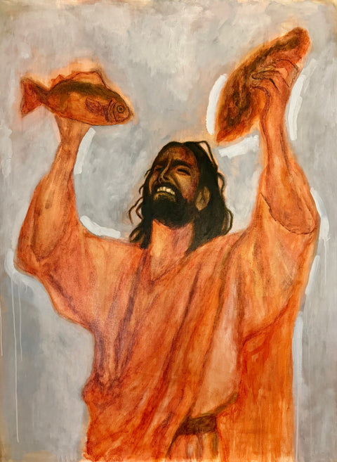 Painting of a figure holding up fish and bread against a gray background