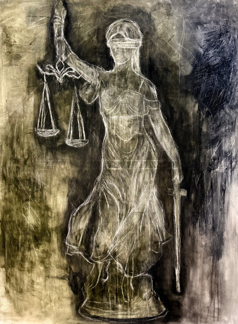 Artistic depiction of a figure holding scales and a sword on a textured background, themis