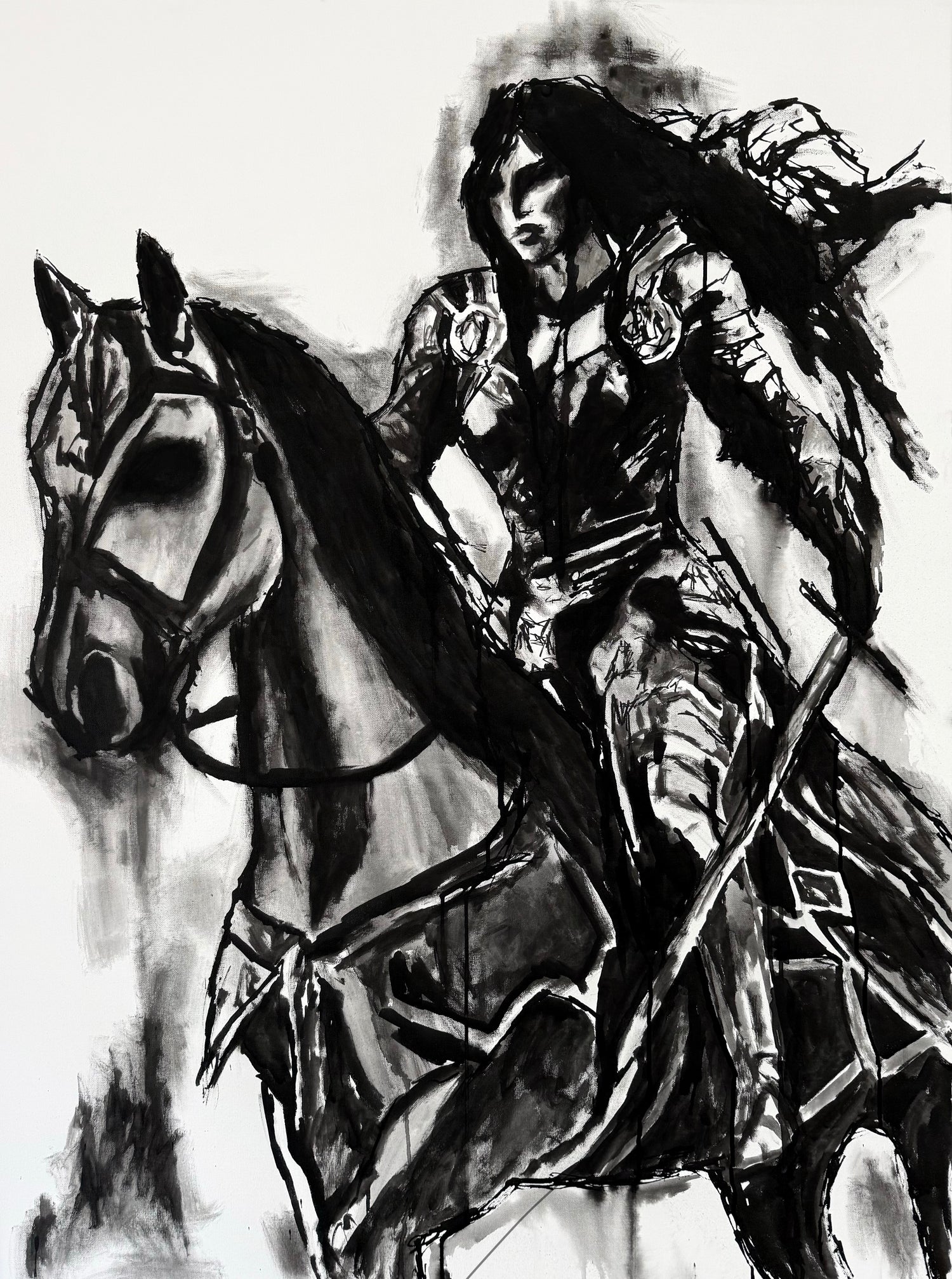 Black and white painting of a warrior on horseback with armor and a sword.