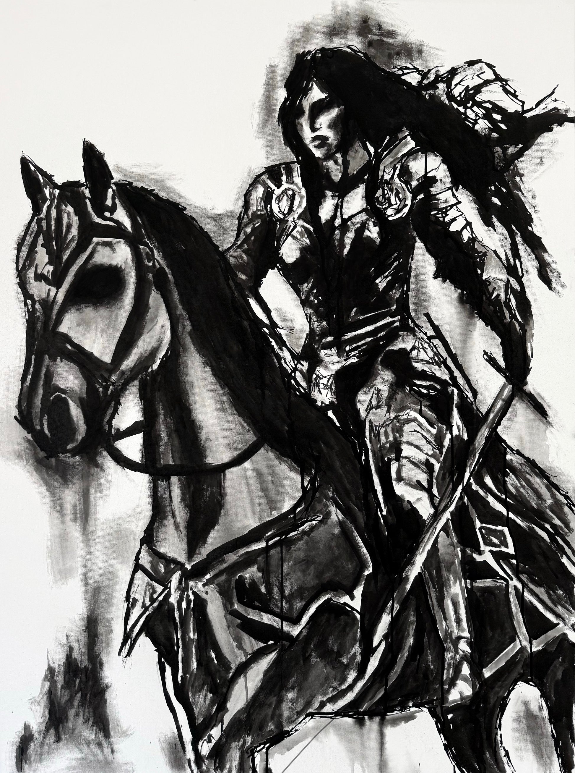 Black and white painting of a warrior on horseback with armor and a sword.