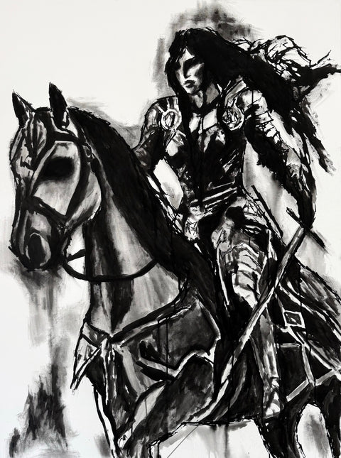 Black and white painting of a warrior on horseback with armor and a sword.