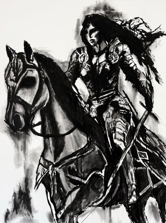 Black and white painting of a warrior on horseback with armor and a sword.