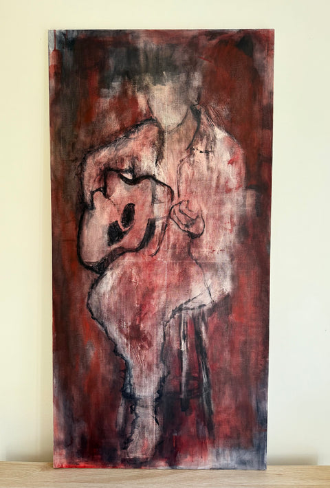 Abstract painting of a nude figure with red and brown tones on a light background