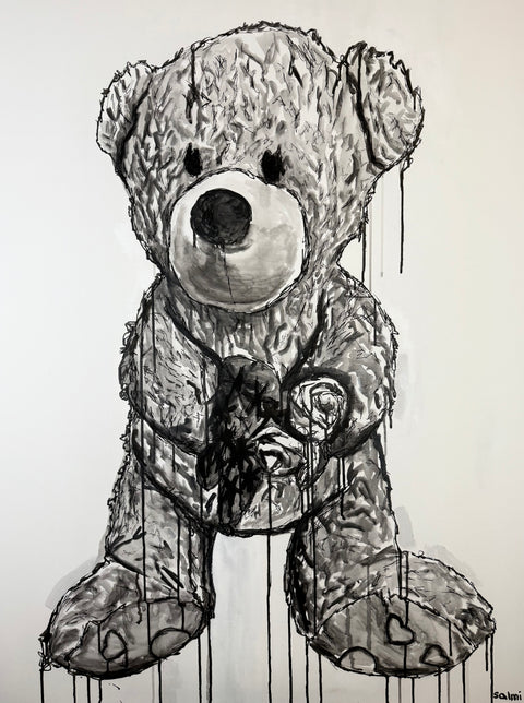 Black and white drawing of a teddy bear with a distressed appearance on a white background