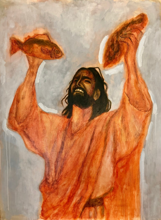 Painting of a figure holding up fish and bread against a gray background