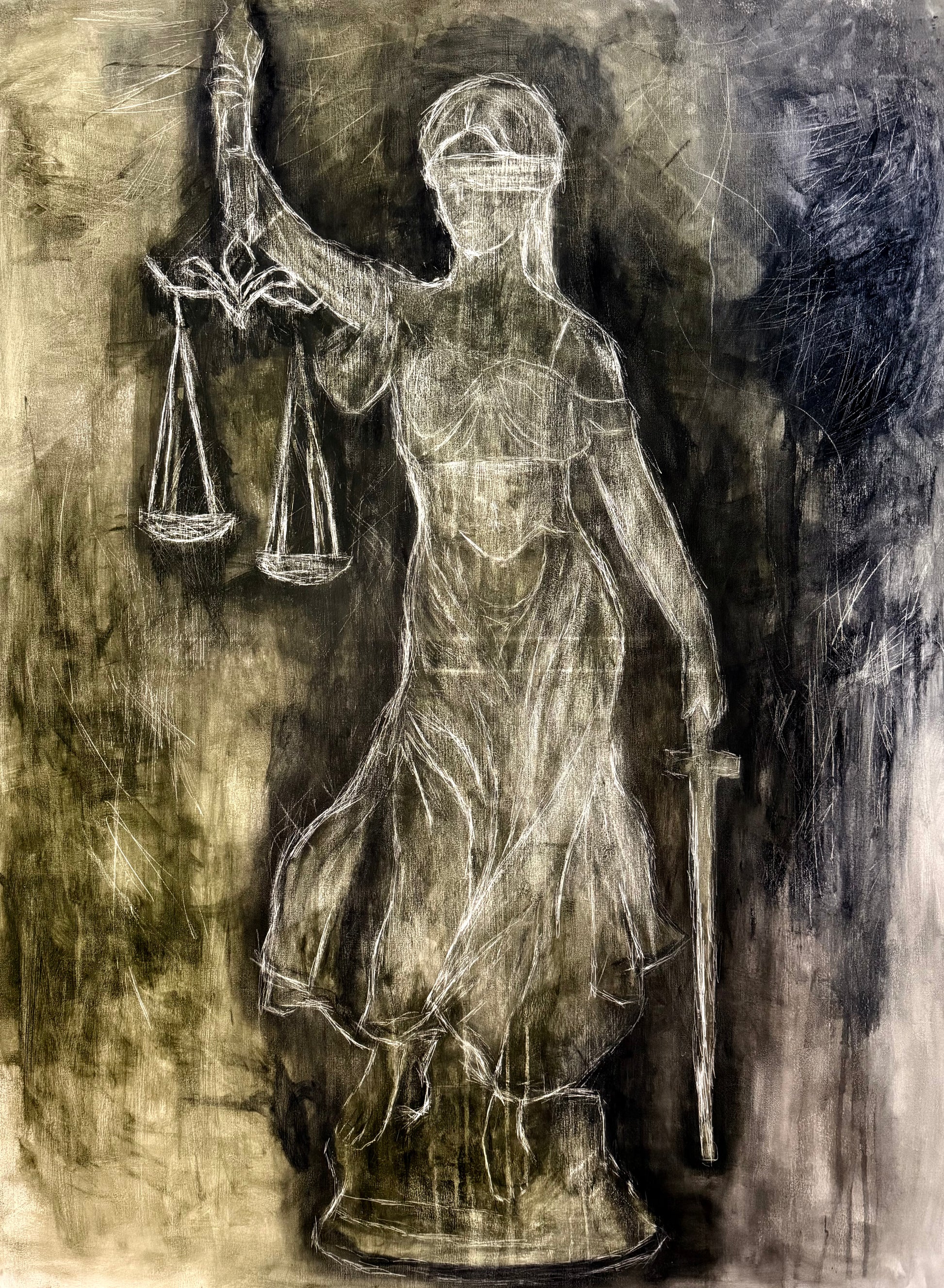 Artistic depiction of a figure holding scales and a sword on a textured background, themis