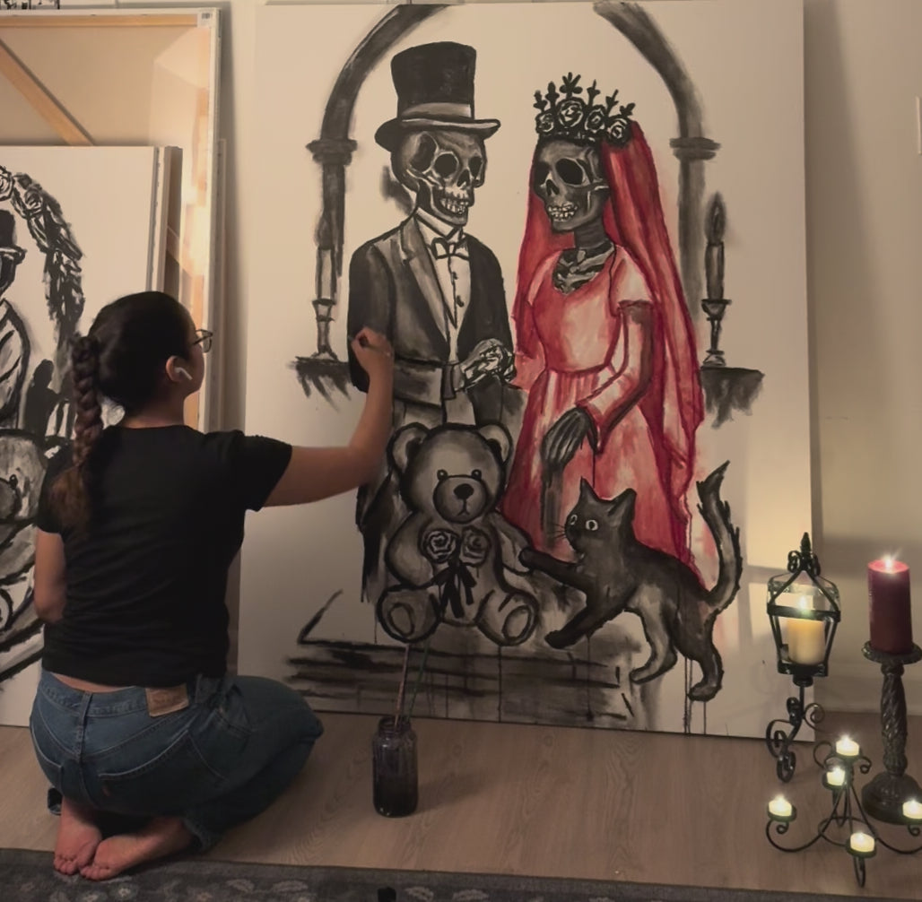 Load video: Salma Lopez painting an original acrylic ink artwork in her studio